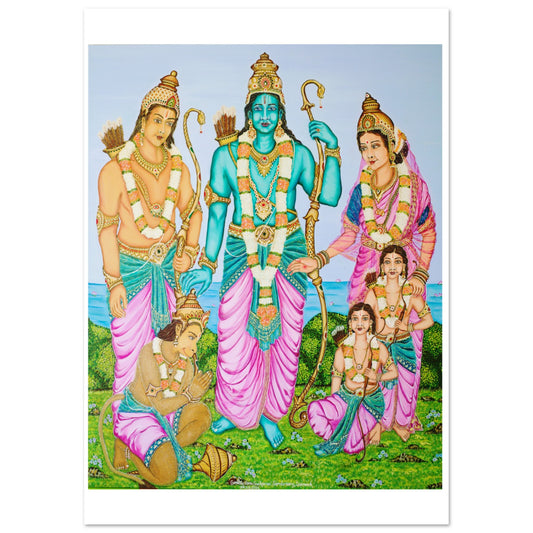 This oil painting features Shree Ram ji, Sita Devi, Lakshman ji and Hanuman ji together with Lava and Kusa☺️