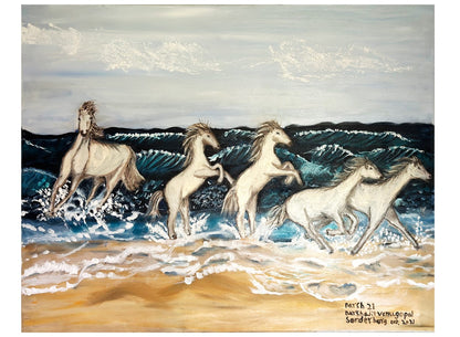 5 Horses running on the beach - Darshjit Venugopal Art Prints