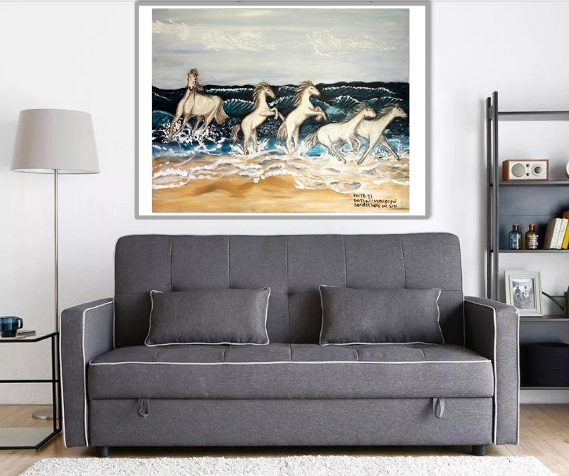 5 Horses running on the beach - Darshjit Venugopal Art Prints